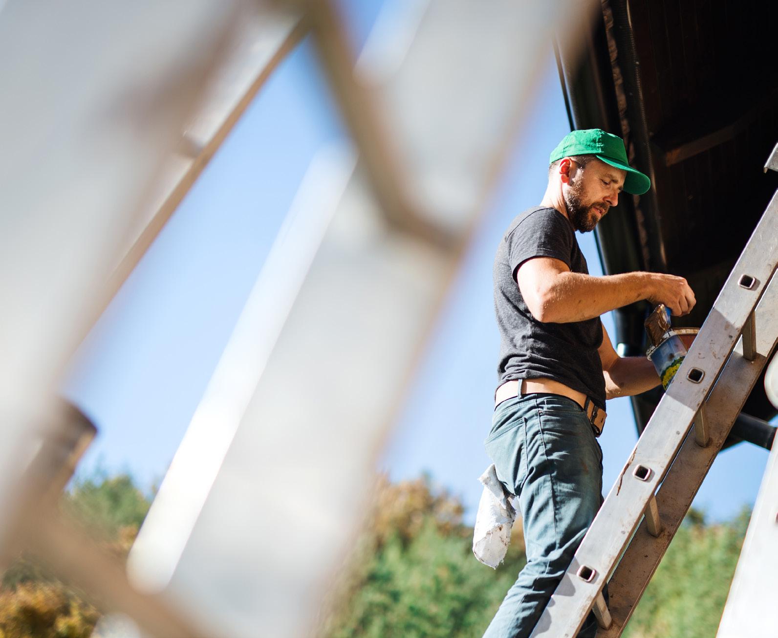 A man on a ladder outside fixing roofing.